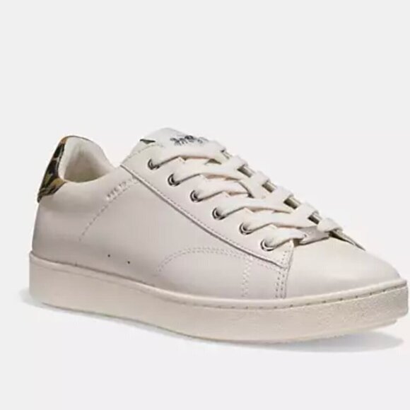 Coach Low Top Leather Sneakers 9B Leopard Print Heel Off-White Luxury C126 - Picture 1 of 9